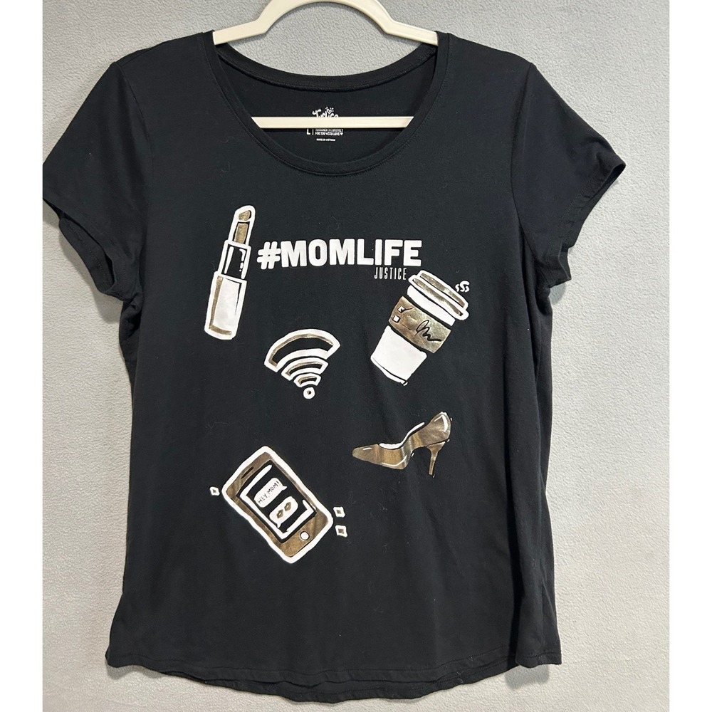 Justice Graphic T-Shirt Women Large Black #MOMLIFE Short Sleeve Cotton Blend mom